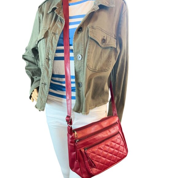 Quilted Red Leather Crossbody Bag For Women With Adjustable Strap & Multiple Poc - Picture 3 of 10